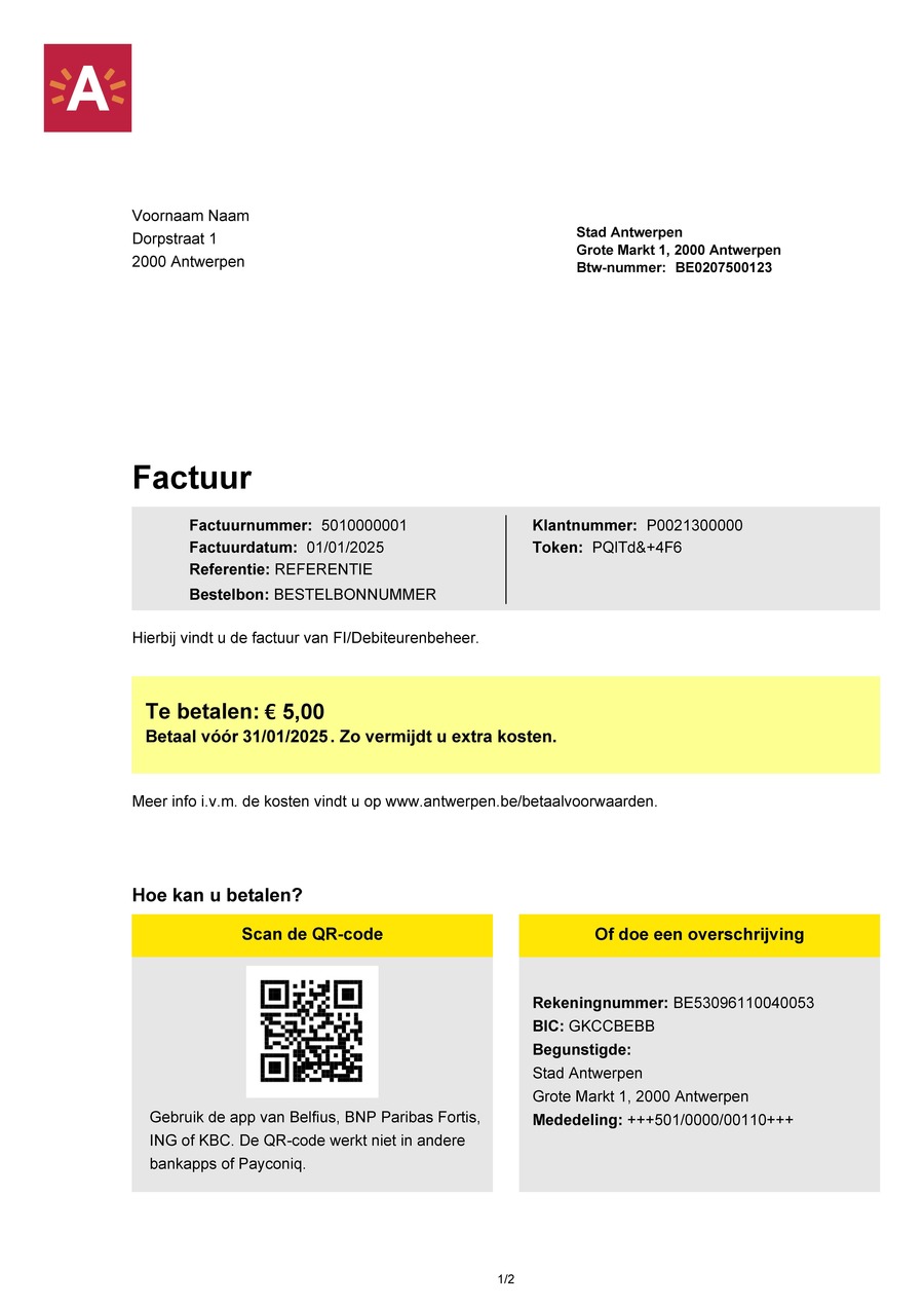 Voorbeeld van factuur met nieuwe lay-out stad Antwerpen - pagina 1